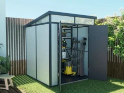 EXPERTLAND Caseta de jardín de resina gris 3,65m² con suelo, MINARO Gris claro / Gris antracita / Gris