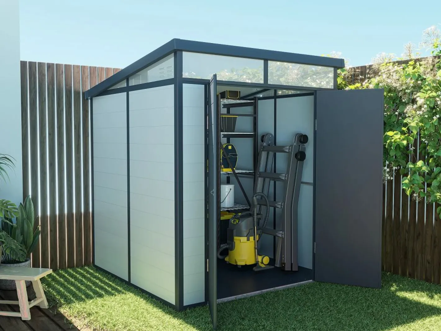 EXPERTLAND Caseta de jardín de resina gris 3,65m² con suelo, MINARO Gris claro / Gris antracita / Gris