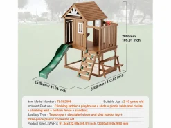 Cabaña Infantil|Casita de Juegos para Niños, SucceBuy - Casa de Juegos de Madera para Exteriores con Tobogán, Escalera y Ventana, Casa de Juegos de Jardín