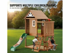 Cabaña Infantil|Casita de Juegos para Niños, SucceBuy - Casa de Juegos de Madera para Exteriores con Tobogán, Escalera y Ventana, Casa de Juegos de Jardín