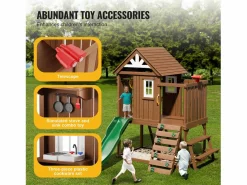 Cabaña Infantil|Casita de Juegos para Niños, SucceBuy - Casa de Juegos de Madera para Exteriores con Tobogán, Escalera y Ventana, Casa de Juegos de Jardín