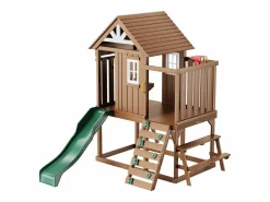 Cabaña Infantil|Casita de Juegos para Niños, SucceBuy - Casa de Juegos de Madera para Exteriores con Tobogán, Escalera y Ventana, Casa de Juegos de Jardín