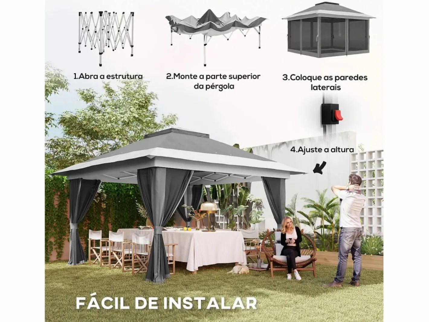 Outsunny Cenador Dhile plegable + cortinas removibles gris oscuro 280x356 cm Gris antracita Clearance