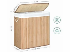 Calicosy Cesta de lavandería de bambú con 3 compartimentos, tapa y asas, 150L - L60 x A61,5 cm Marru00f3n
