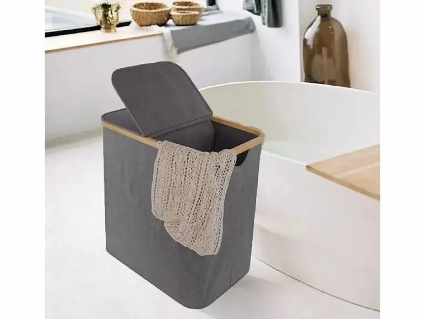 DripeX Cesto De Ropa|Accesorios De Cuarto De Baño|Cesta de lino plegable 150L, en tela , con 2 cubiertas y 2 bolsas interiores desmontables, 57x37x70cm