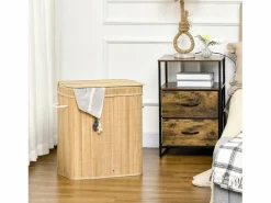 Cesto De Ropa|Cesta de ropa de bambú con tapa, 2 compartimentos, 90 l, con bolsa extraíble, color natural (54,2 x 35,2 x 59,5 cm)