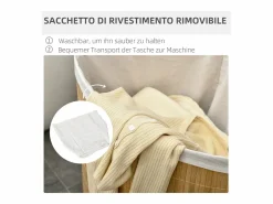Cesto De Ropa|Cesta de ropa de bambú con tapa y bolsa extraíble, madera natural y blanco (38 x 38 x 57 cm)