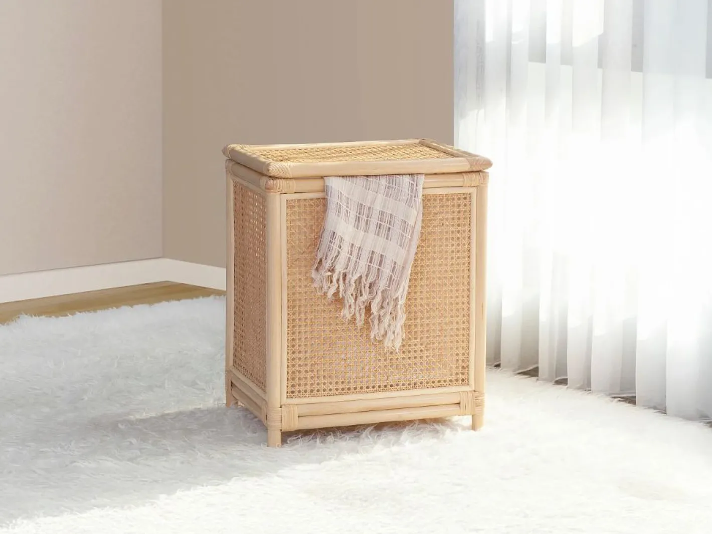 OZAIA Accesorios De Cuarto De Baño|Cesto De Ropa|Cesta de ropa de ratán con rejilla con tapa, An. 45 x P. 33 x Al. 56 cm, Natural, CALYMA