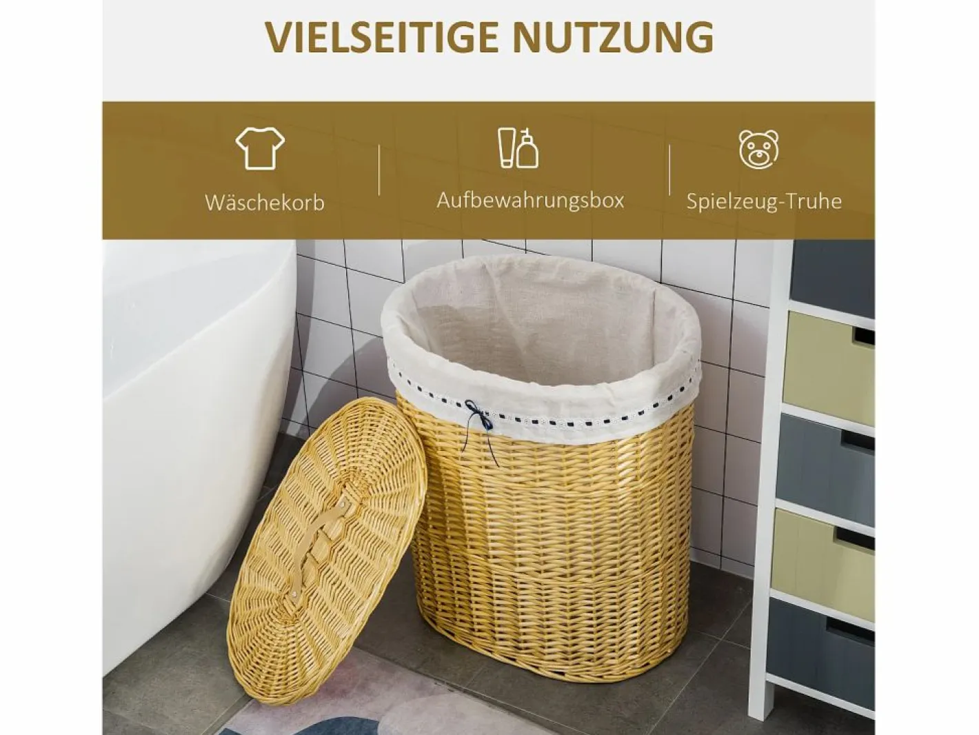 Cesta para la colada con tapa, mimbre natural, 100 l de capacidad, ideal para dormitorio y baño (51 x 38 x 57 cm)^ Best