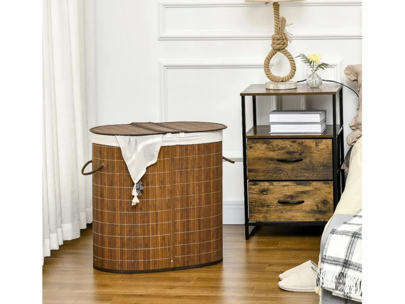 Cesta para la colada de 100 l con tapa y asas, clasificador de ropa con 2 bolsas, bambú, marrón (62,5 x 37 x 60,5 cm) Marru00f3n Sale