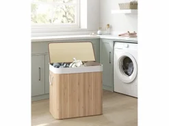 Cesto De Ropa|Cesta para la colada de bambú natural Valora de 3 compartimentos y 150 l con tapa