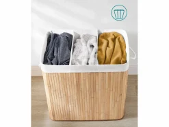 Cesto De Ropa|Cesta para la colada de bambú natural Valora de 3 compartimentos y 150 l con tapa