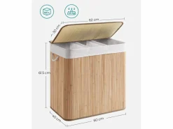 Cesto De Ropa|Cesta para la colada de bambú natural Valora de 3 compartimentos y 150 l con tapa