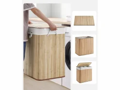 Cesto De Ropa|Cesta para la colada de bambú natural Valora de 3 compartimentos y 150 l con tapa