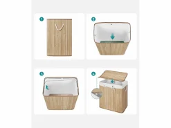 Cesto De Ropa|Cesta para la colada de bambú natural Valora de 3 compartimentos y 150 l con tapa
