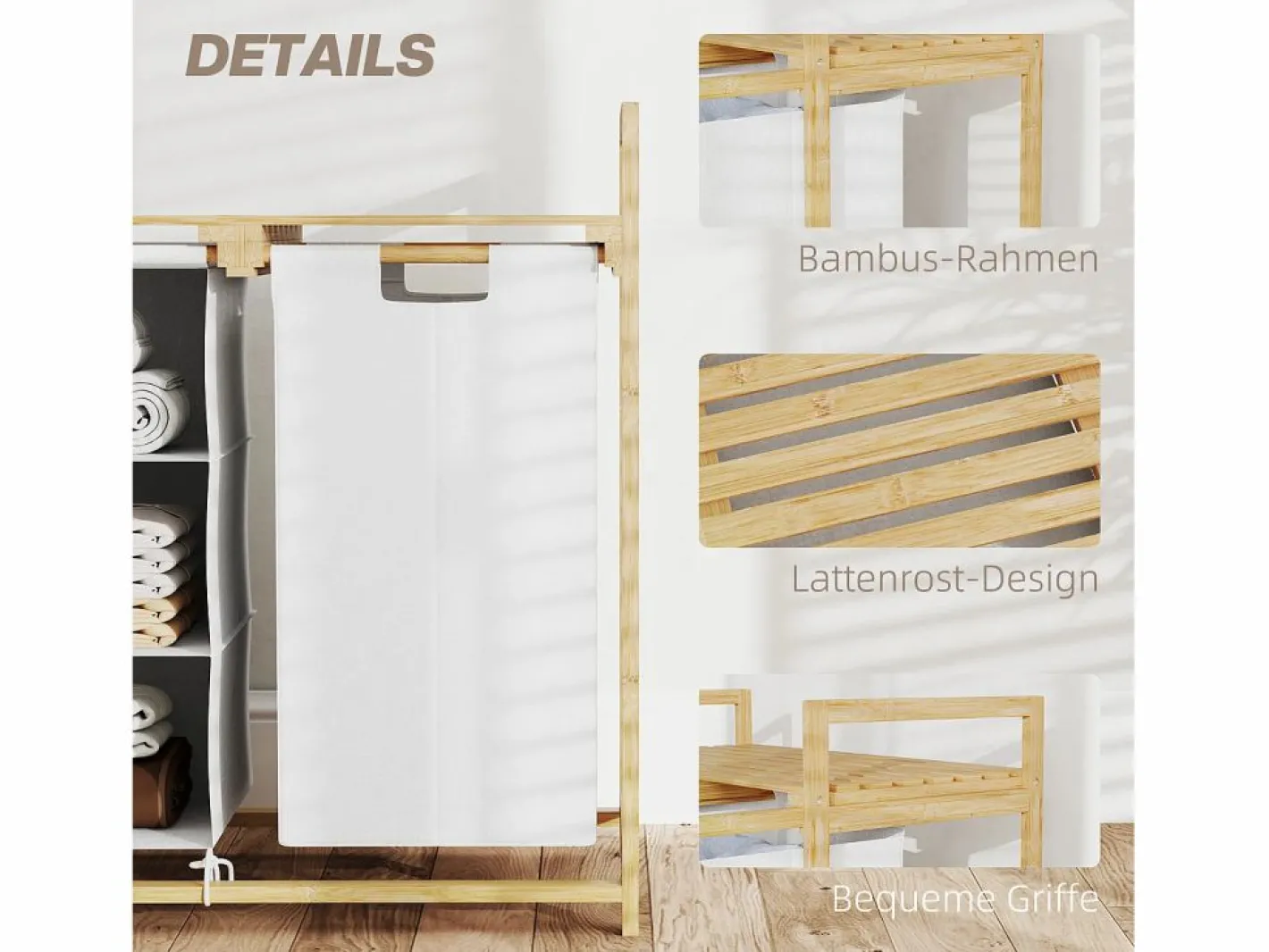 Cesta para la ropa con 4 compartimentos, 2 bolsas extraíbles, bambú, (70x36x70 cm) Blanco New