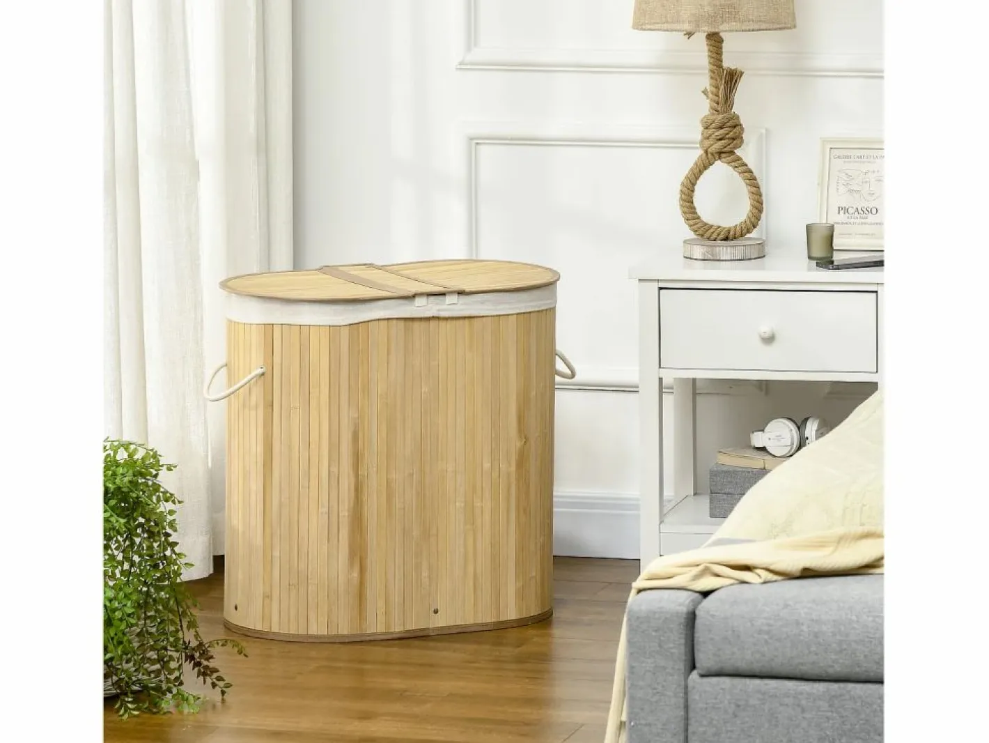 Cesta para la ropa con tapa, 2 compartimentos extraíbles, bambú natural, organizada y ventilada (62,5 x 37 x 60,5 cm) Marru00f3n