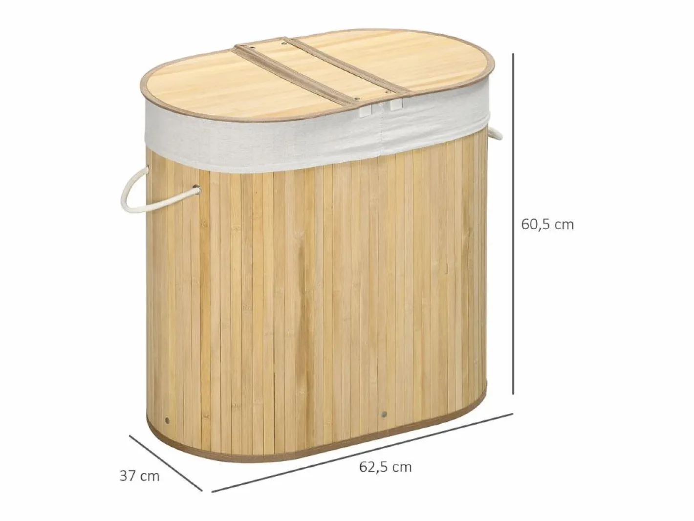 Cesta para la ropa con tapa, 2 compartimentos extraíbles, bambú natural, organizada y ventilada (62,5 x 37 x 60,5 cm) Marru00f3n