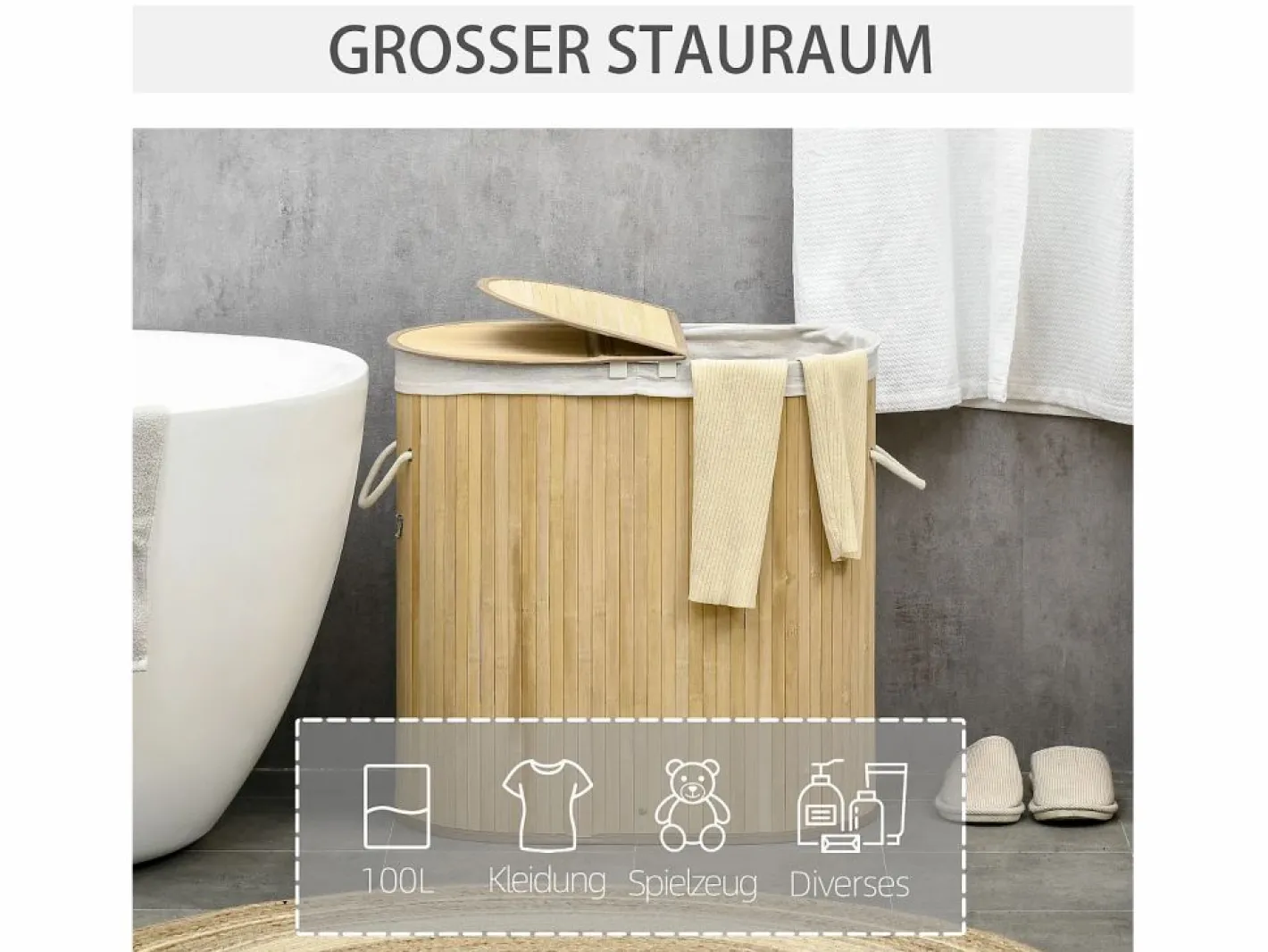 Cesta para la ropa con tapa, 2 compartimentos extraíbles, bambú natural, organizada y ventilada (62,5 x 37 x 60,5 cm) Marru00f3n