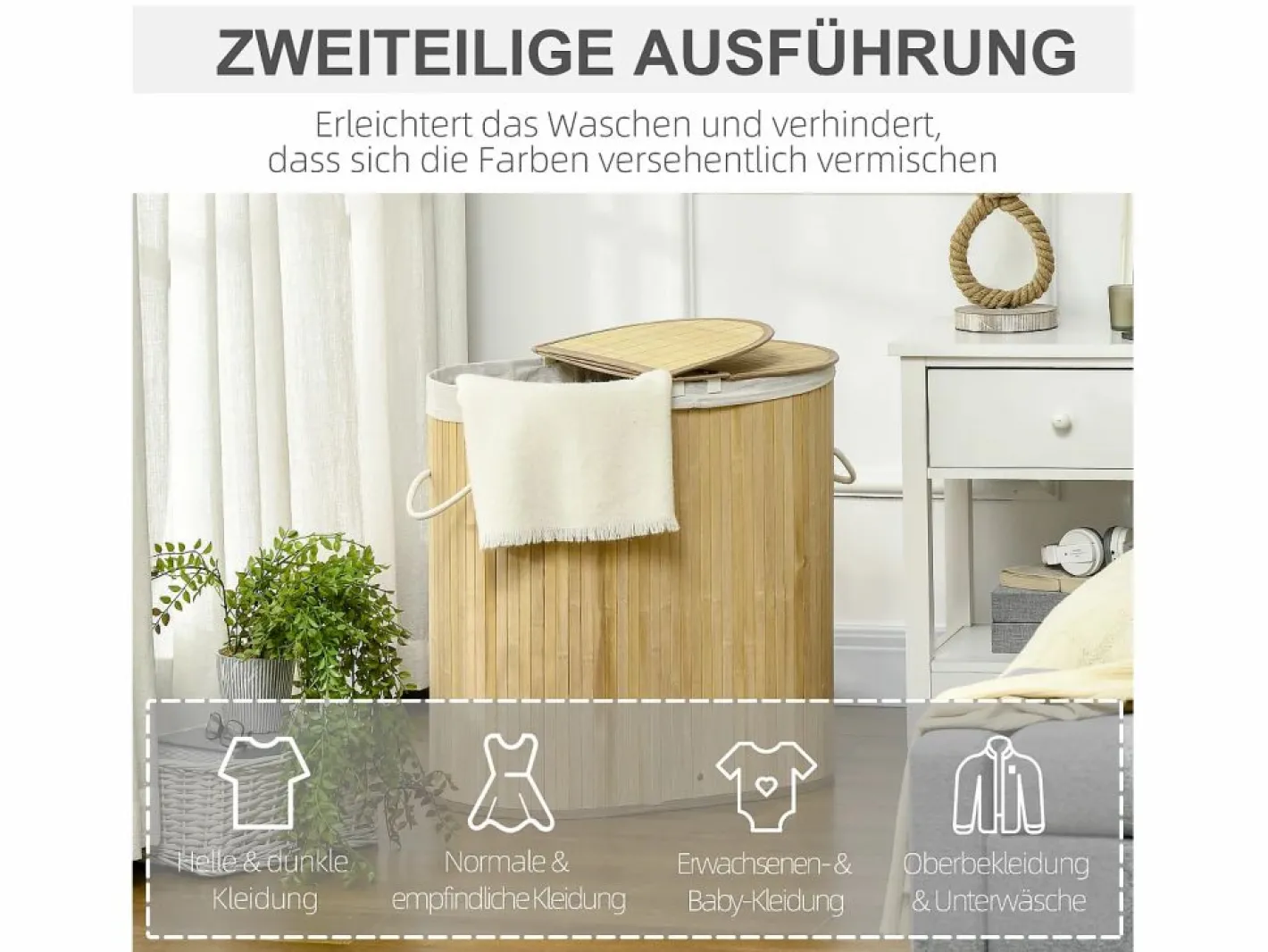 Cesta para la ropa con tapa, 2 compartimentos extraíbles, bambú natural, organizada y ventilada (62,5 x 37 x 60,5 cm) Marru00f3n