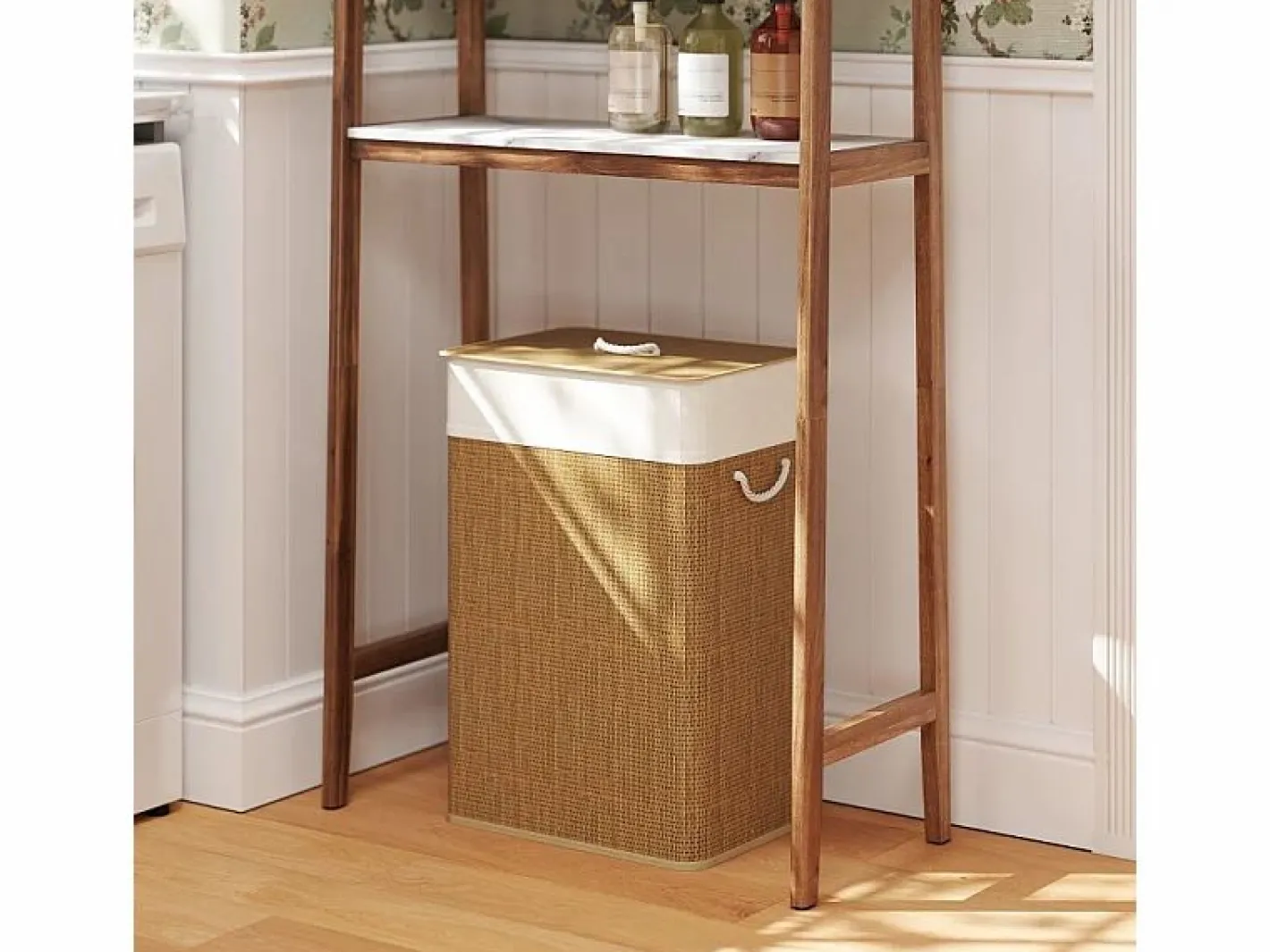 Cesta para la ropa con tapa, bambú, con bolsa extraíble, 72L, beige (40x30x60 cm) Marru00f3n