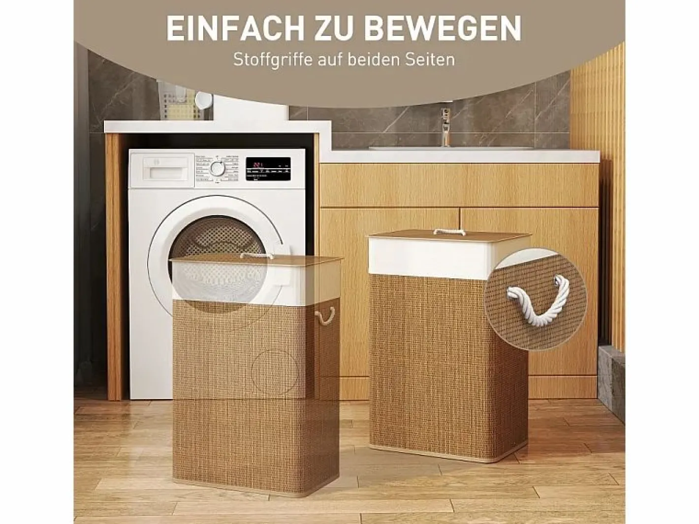 Cesta para la ropa con tapa, bambú, con bolsa extraíble, 72L, beige (40x30x60 cm) Marru00f3n