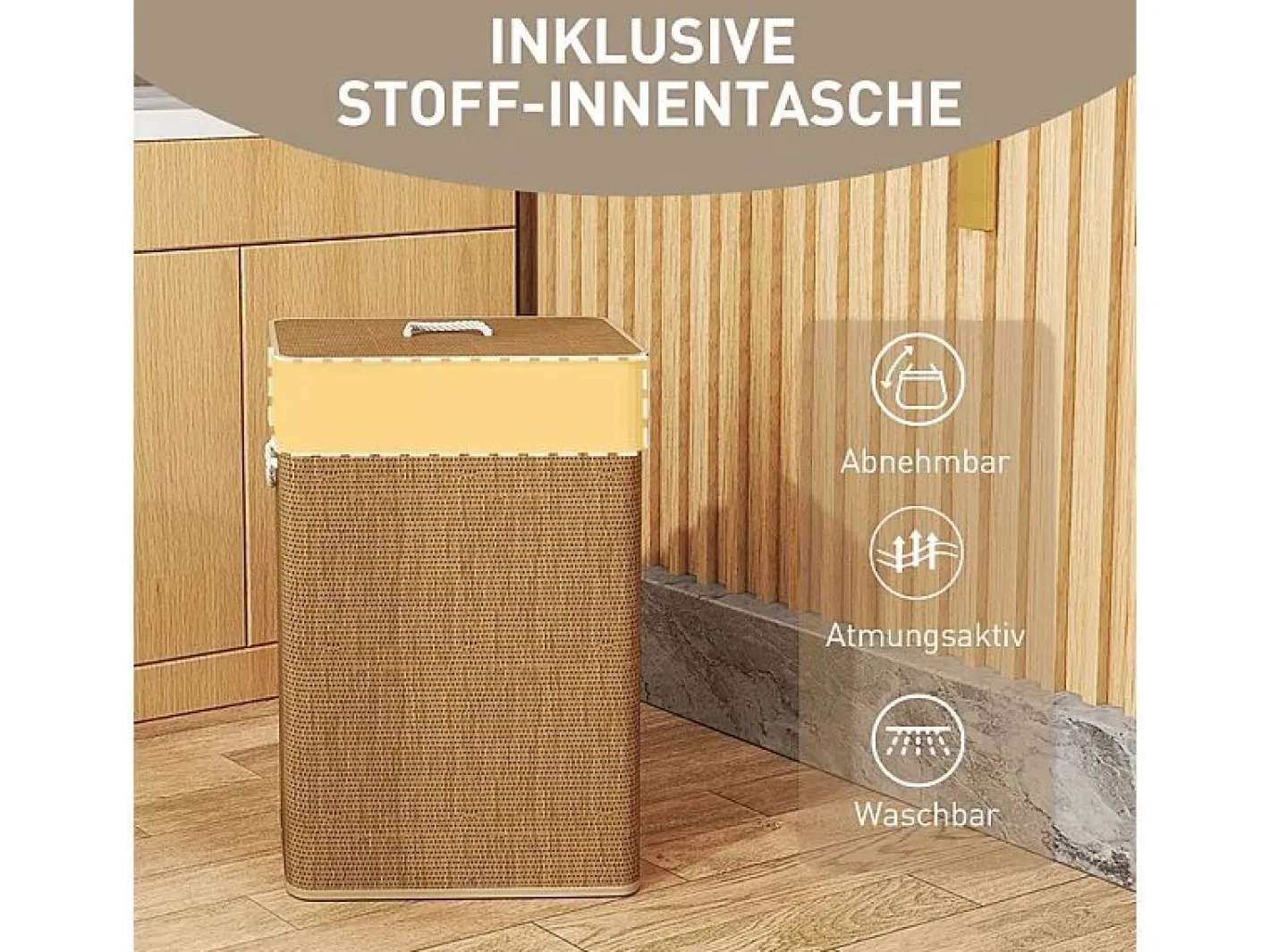 Cesta para la ropa con tapa, bambú, con bolsa extraíble, 72L, beige (40x30x60 cm) Marru00f3n