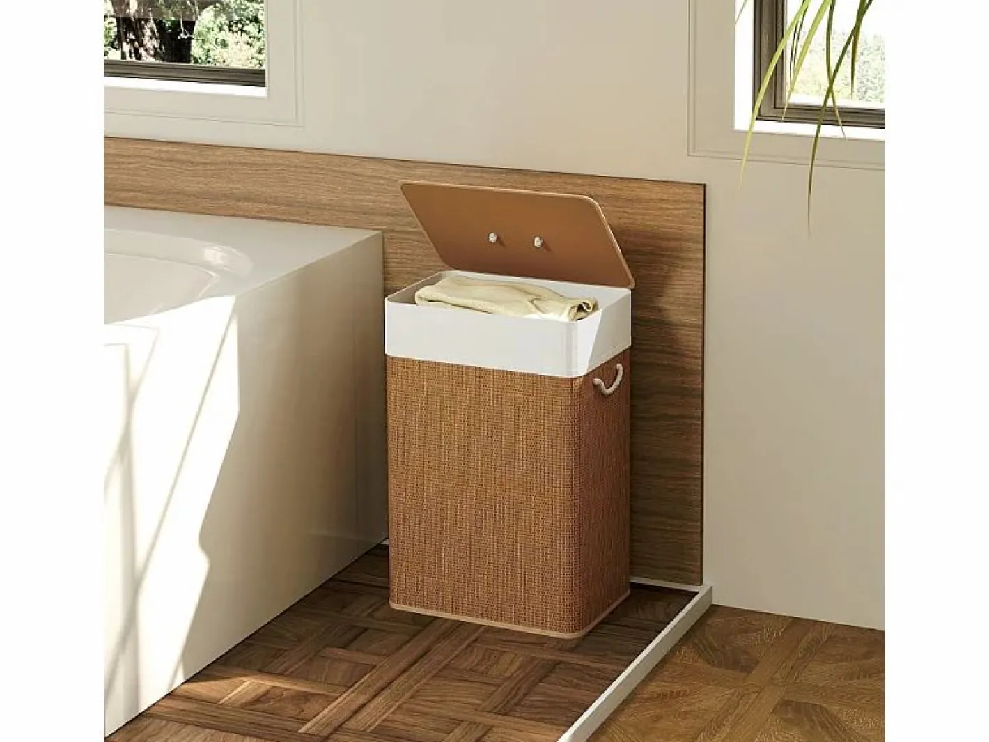 Cesta para la ropa con tapa, bambú, con bolsa extraíble, 72L, beige (40x30x60 cm) Marru00f3n