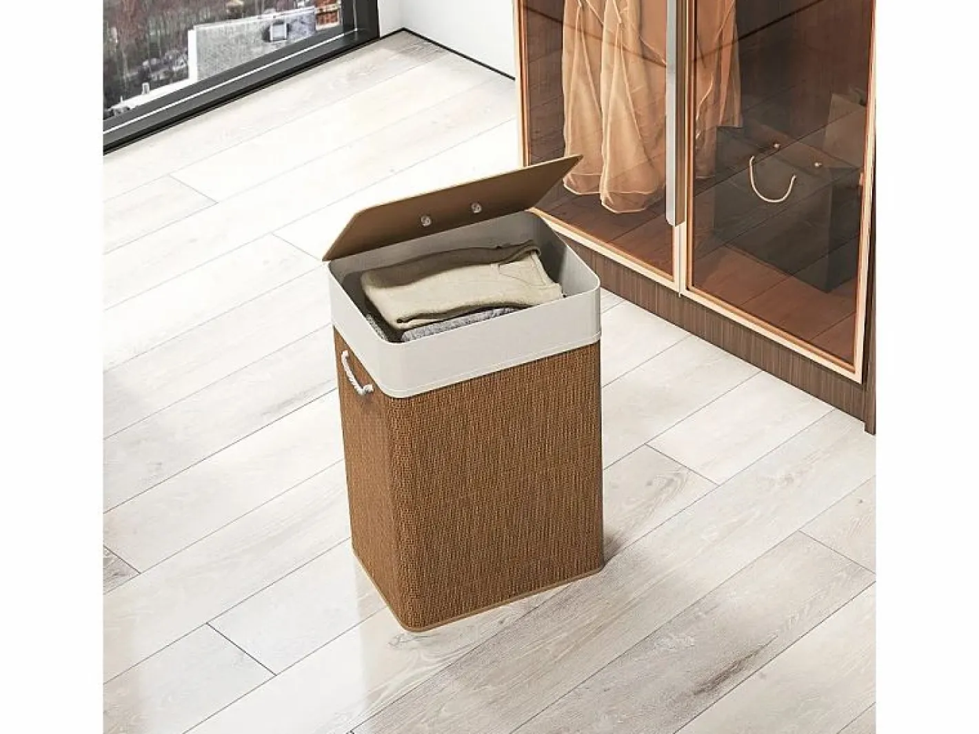 Cesta para la ropa con tapa, bambú, con bolsa extraíble, 72L, beige (40x30x60 cm) Marru00f3n