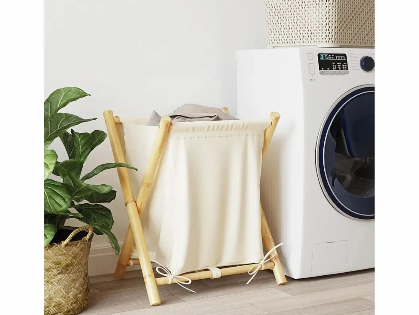 Cesto De Ropa|Cesta para la ropa sucia de bambú color blanco crema 45x55x63,5 cm