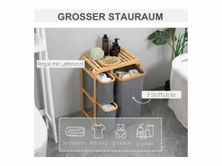 Cesto De Ropa|Cesta para ropa con plataforma, 3 bolsas extraíbles, bambú y poliéster, gris+natural (50x32x69,7 cm)