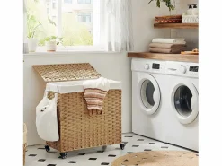 Calicosy Cesto De Ropa|Cesto de ropa con 3 compartimentos sobre ruedas, imitación de junco natural