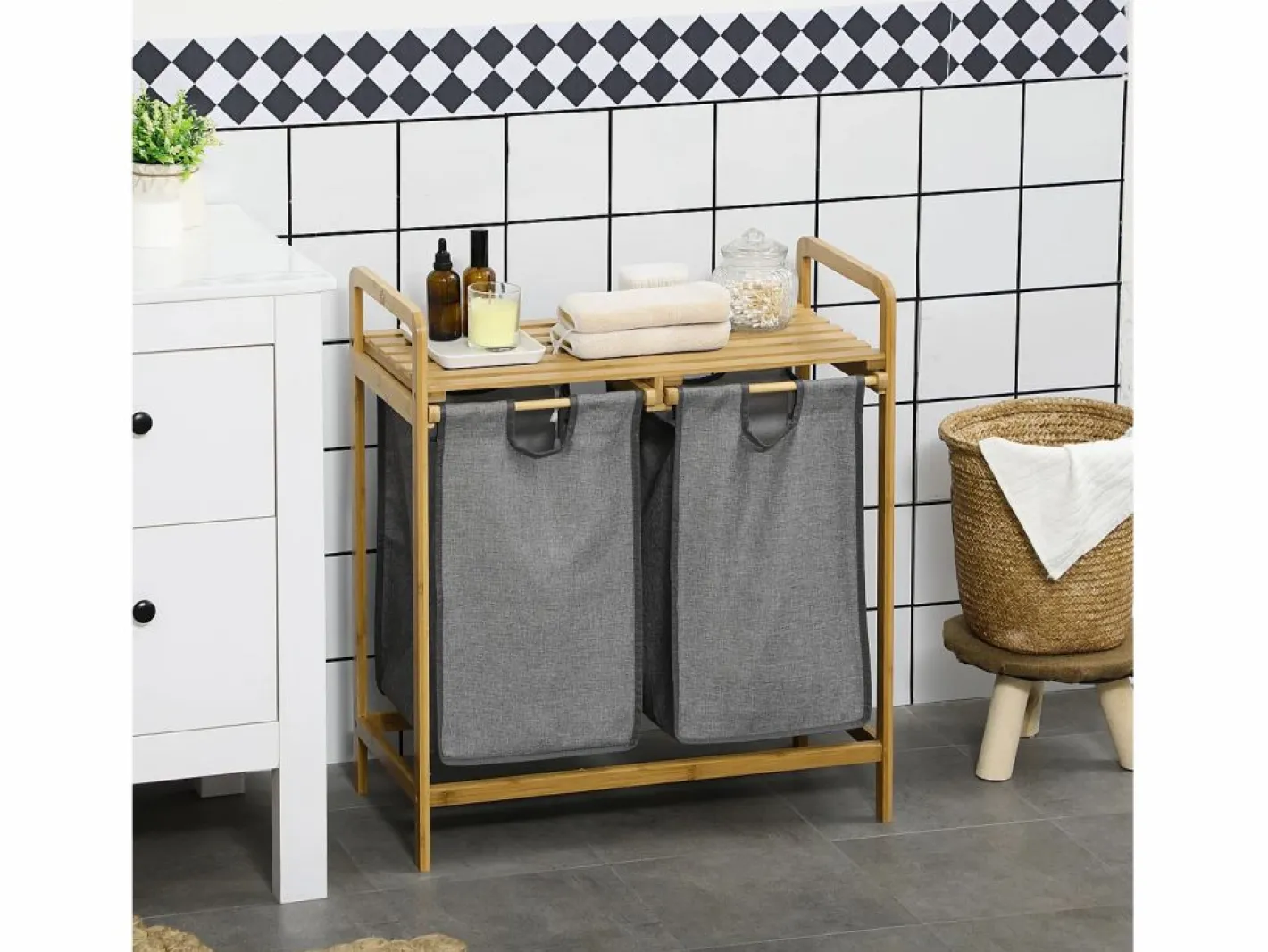 Homcom Cesto de ropa madera natural 63.5x33x73 cm Gris
