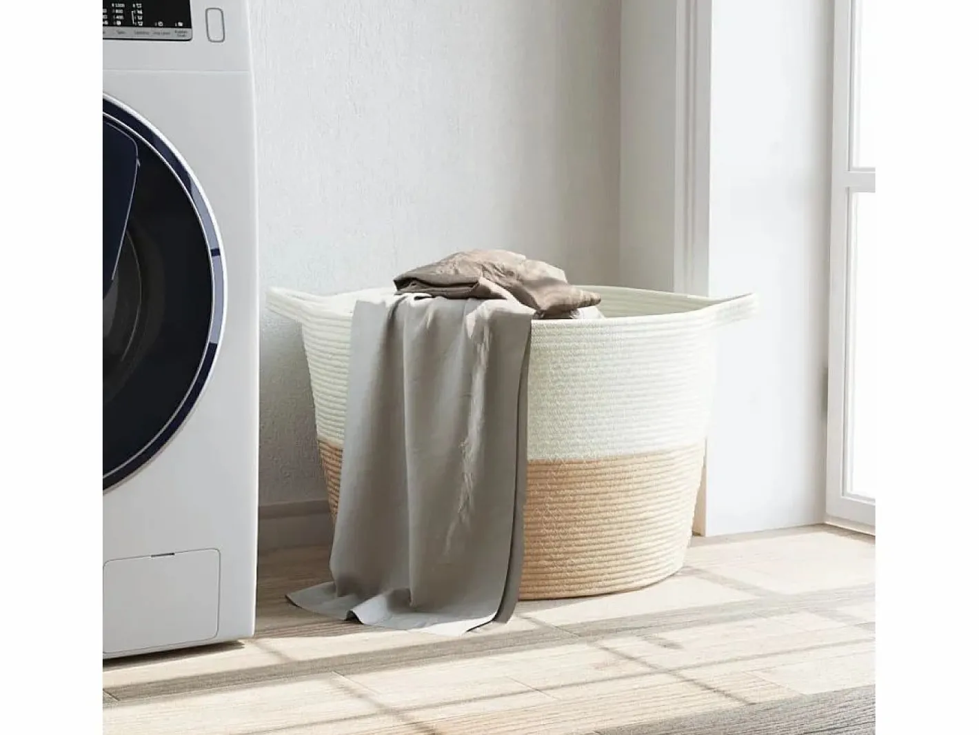 Cesto De Ropa|Cesto para ropa beige y blanco Ø60x36 cm algodón