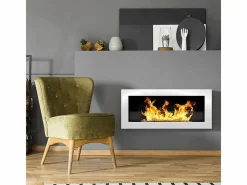 Chimenea de bioetanol de pared o empotrada Livorno White, L 90 x P 12 x H 40 con cristal Blanco New
