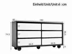 Cómoda 6 Cajones - con Pies Metal Redondeados - Sin Tirador - Esquinas Redondeadas ByN 140x38x74.5cm Negro Clearance