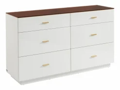 Vente-unique Cómoda|Cómoda 6 cajones en MDF y vidrio templado color blanco lacado y marrón - MATIRINA