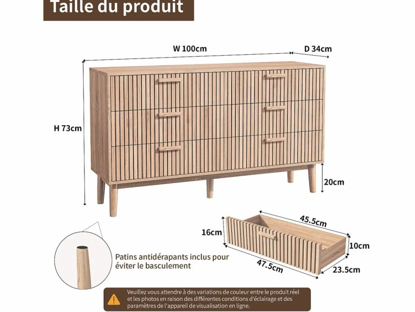 Cómoda acanalada con 6 cajones, Cómoda moderna con almacenaje para recibidor, 100 x 34 x 73 cm, madera Color natural claro Outlet