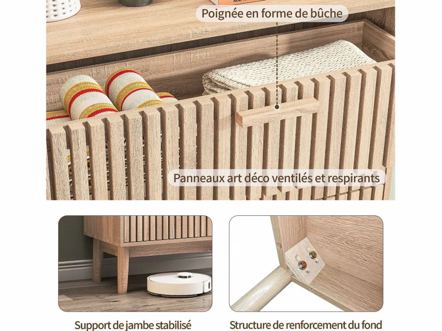 Cómoda acanalada con 6 cajones, Cómoda moderna con almacenaje para recibidor, 100 x 34 x 73 cm, madera Color natural claro Outlet