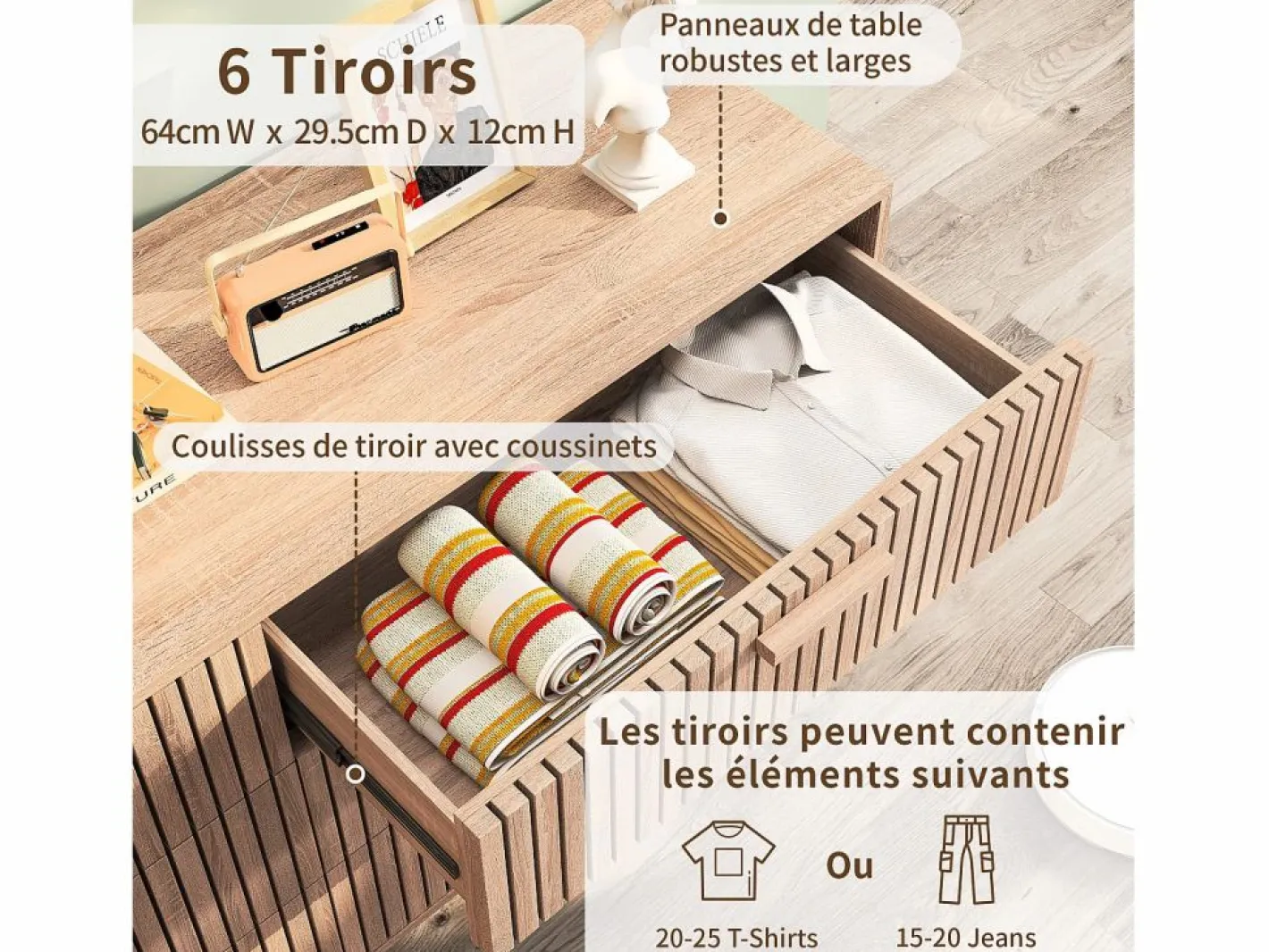 Cómoda acanalada con 6 cajones, Cómoda moderna con almacenaje para recibidor, 100 x 34 x 73 cm, madera Color natural claro Outlet