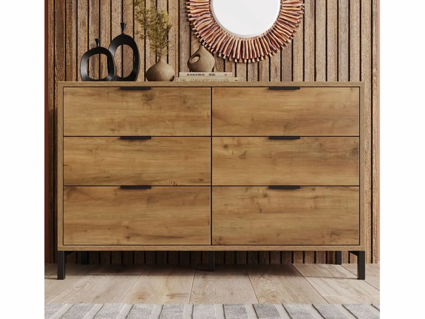 Merax Cómoda|Cómoda, aparador con 6 cajones, 120 x 40 x 76 cm, Tablero de partículas + metal, Roble oscuro