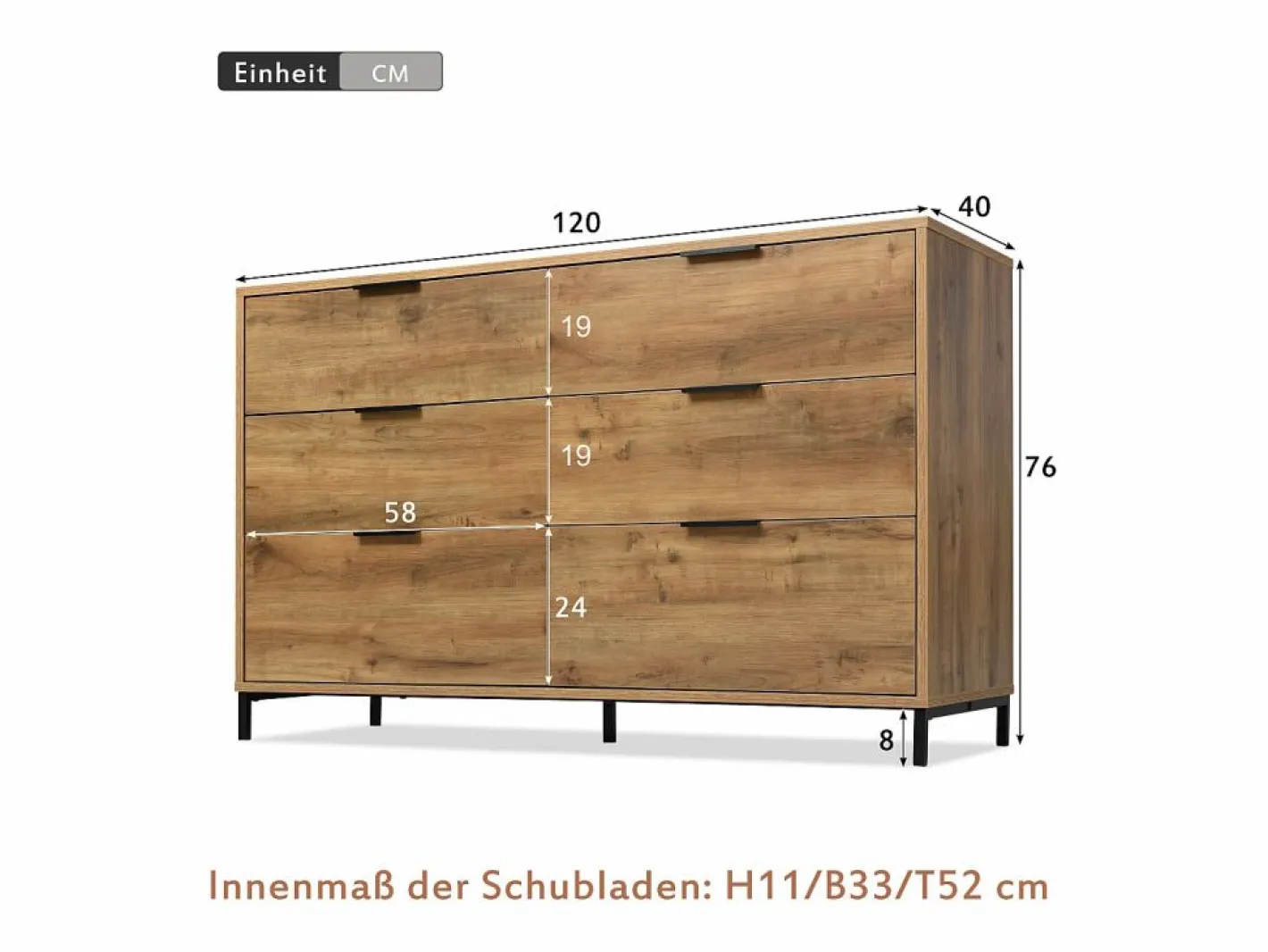 Merax Cómoda|Cómoda, aparador con 6 cajones, 120 x 40 x 76 cm, Tablero de partículas + metal, Roble oscuro