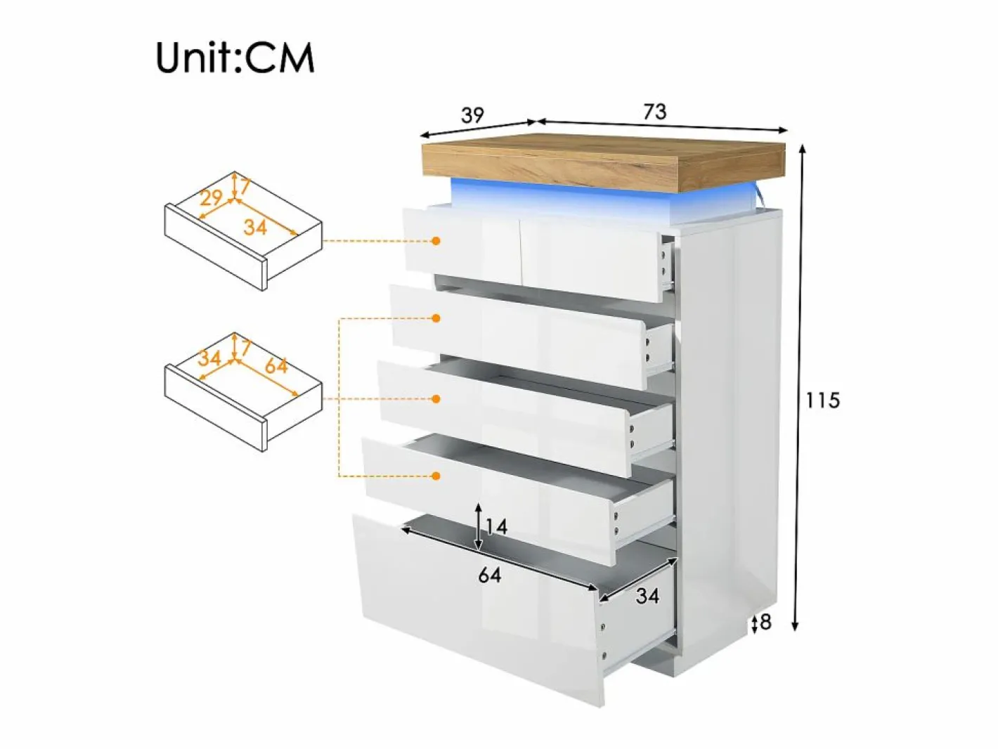 Merax Cómoda|Cómoda con 6 cajones - 73 x 39 x 115 cm - LED - Tablero de partículas - para salón y dormitorio -