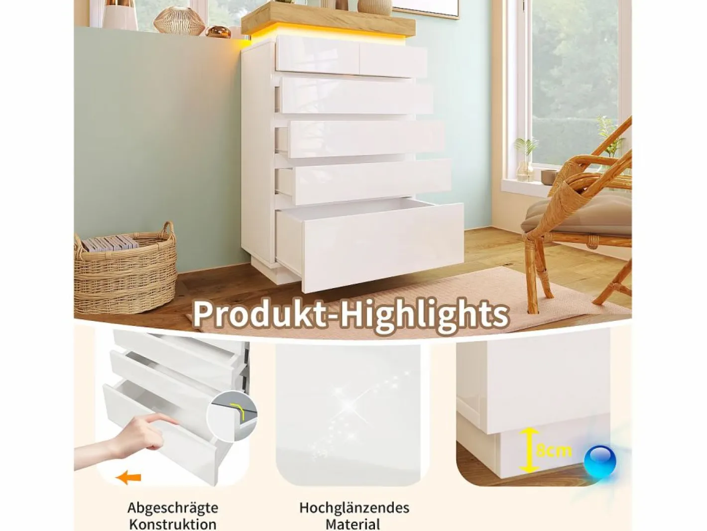 Merax Cómoda|Cómoda con 6 cajones - 73 x 39 x 115 cm - LED - Tablero de partículas - para salón y dormitorio -