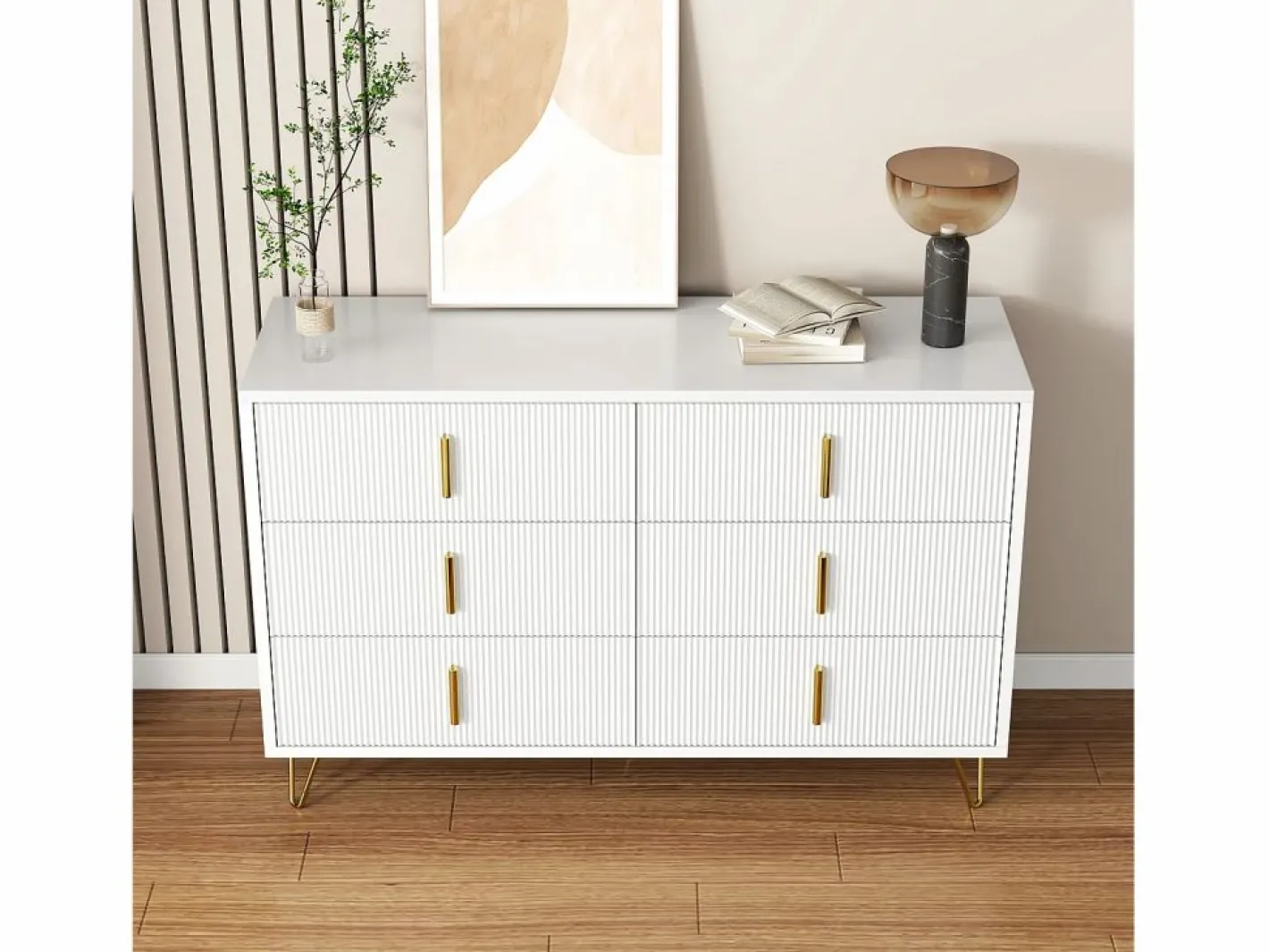 Merax Cómoda con 6 cajones - 120 x 44 x 77 cm - Tablero de partículas y patas de metal dorado - Blanco