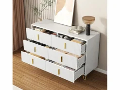Merax Cómoda con 6 cajones - 120 x 44 x 77 cm - Tablero de partículas y patas de metal dorado - Blanco