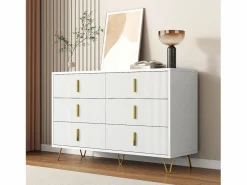 Merax Cómoda con 6 cajones - 120 x 44 x 77 cm - Tablero de partículas y patas de metal dorado - Blanco