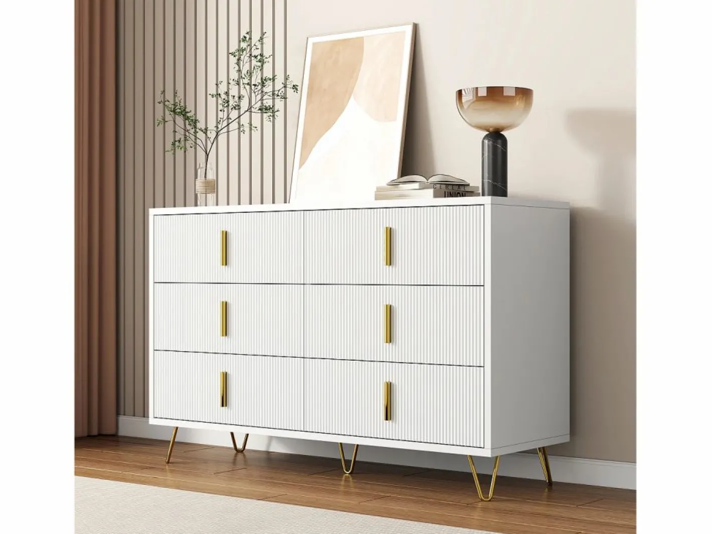 Merax Cómoda con 6 cajones - 120 x 44 x 77 cm - Tablero de partículas y patas de metal dorado - Blanco