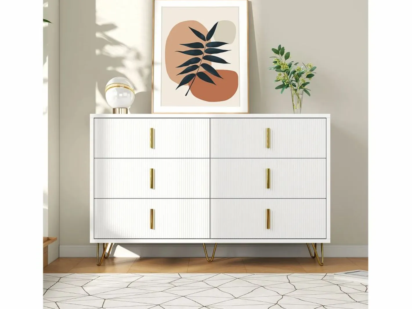 Merax Cómoda con 6 cajones - 120 x 44 x 77 cm - Tablero de partículas y patas de metal dorado - Blanco