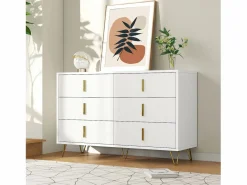Merax Cómoda con 6 cajones - 120 x 44 x 77 cm - Tablero de partículas y patas de metal dorado - Blanco